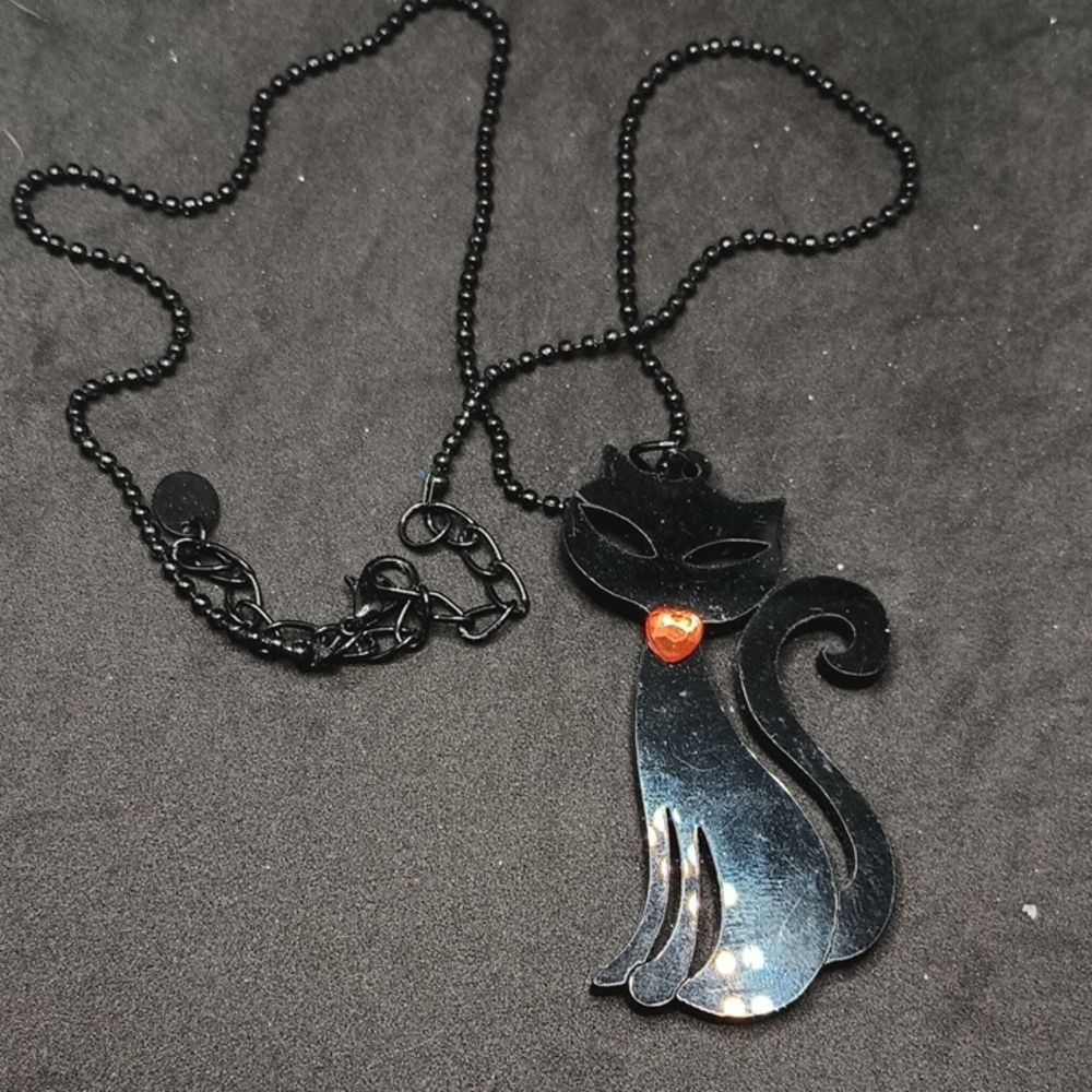 Claire's Black Cat Necklace with Orange Accent